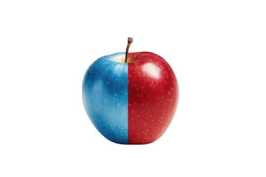 A vibrant apple, bisected by a bold line of color, splitting a deep red side from a vibrant blue side.  A stem emerges from the top