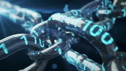Glowing binary code on rotating metallic chain links, digital security, high-tech close-up animation - Powered by Adobe