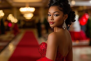 Model in an elegant evening gown posing on a red carpet with event lighting.