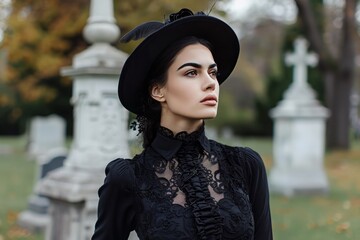 Model in gothic attire posing among old gravestones and statues. 