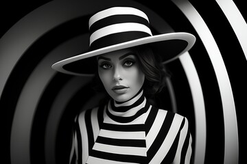 High-Contrast Black and White Fashion Description: Model in monochromatic attire captured in high-contrast black and white. 