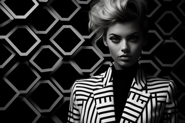 High-Contrast Black and White Fashion Description: Model in monochromatic attire captured in high-contrast black and white. 