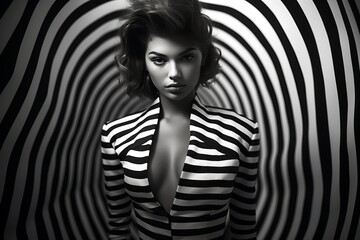 High-Contrast Black and White Fashion. Model in monochromatic attire captured in high-contrast black and white. 
