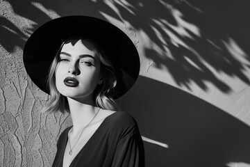 High-Contrast Black and White Fashion. Model in monochromatic attire captured in high-contrast black and white.