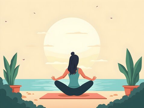 Woman practicing yoga in tranquil environment, flat design art