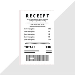 A minimalist white purchase receipt template with item descriptions, prices, total, date, and barcode. Ideal for financial graphics or business designs.