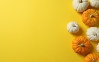 Beautiful autumn composition with pumpkins on a yellow  background, top view, space for text