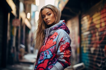 Streetwear Fashion in Urban Alley. Model wearing trendy streetwear posing in a graffiti-adorned alleyway. 