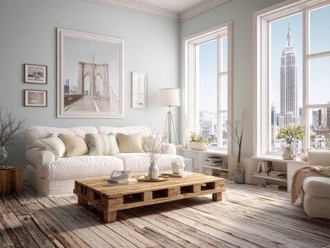 Bright, airy living room with city view. Features white sofa, wooden coffee table, and minimalist decor. Ideal for home decor, real estate, or interior design websites and print media. - Powered by Adobe