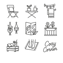 Cozy corner vector icon set with plants and comfortable furnishings