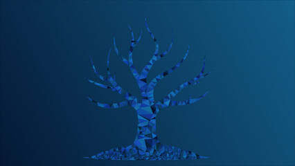 Abstract low poly blue background with an illustrated winter tree and  light