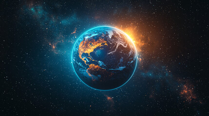 Fototapeta premium Radiant view of Earth from space, glowing in vivid blue and orange tones against a starry night backdrop
