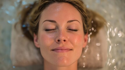 Serene woman relaxing in water, eyes closed.  Perfect for spa, beauty, wellness, and skincare advertising. Ideal for websites, brochures, and social media.