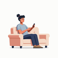 Young Man long hair Sitting Comfortably with TV Remote - Flat Design Vector