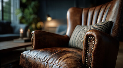 Obraz premium In a vintage leather chair, steeped in the spirit of the times, every curve and scratch tells its own story.