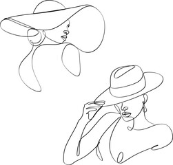 Set of linear abstract images of beautiful women in hat