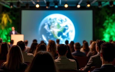 Audience at a global sustainability conference watching a large screen displaying Earth, with a focus on environmental themes and diverse professionals in an eco-friendly setting. High quality