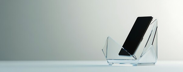 Clear glass polygon stand with neutral background highlighting tech device