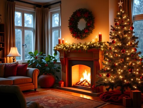 Living room interior with Christmas tree, holiday decorations and fireplace