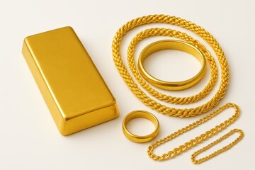 Gold Bar and Jewelry on White Background