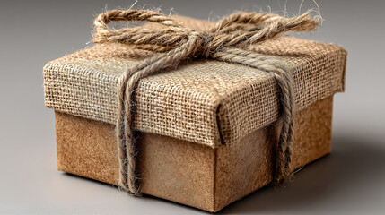 Isometric view of a simple kraft paper gift box, tied with twine and decorated with a small ribbon, on a solid neutral color background with ample negative space for text, clean lines