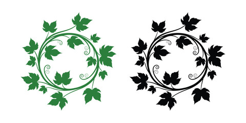 Grapevine Wreath Vector Design Green and Black Vine Leaf Circular Frame © Masud