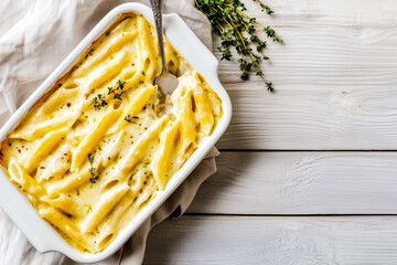 Delicious baked macaroni and cheese served in a white dish with fresh herbs on a wooden table.