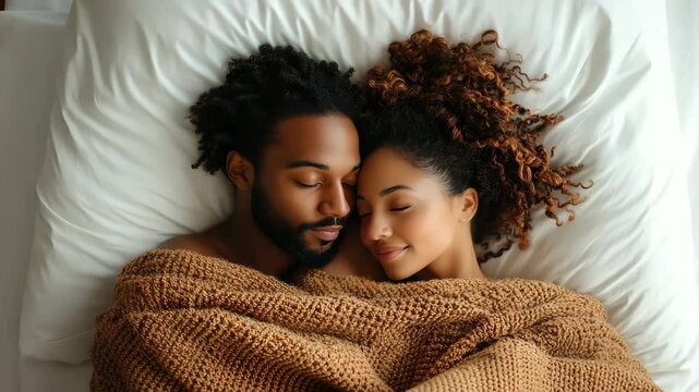 Close up of a young loving heterosexual couple sweet sleeping embracing each other. The young couple sleeps soundly, their hearts intertwined as they embrace and share a loving bond.