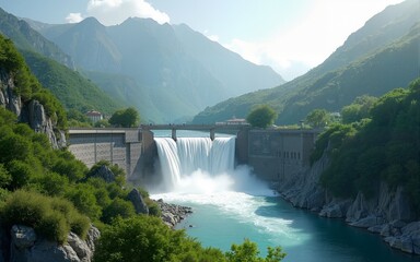 Fototapeta premium Renewable energy and hydropower sustainability are illustrated in an eco-friendly themed design of a dam integrated into a natural mountain landscape. High quality
