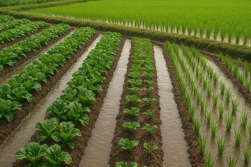 Rows of Lush Green Vegetables and Rice Paddies Under Irrigation