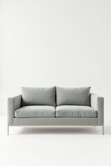 Fototapeta premium A gray loveseat with wooden legs, minimalist design, rounded armrests, set against a plain white background , clean lines , soft lighting, modern furniture, simple aesthetic