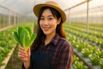 Smiling Young Woman Farmer Holding Fresh Lettuce in Greenhouse