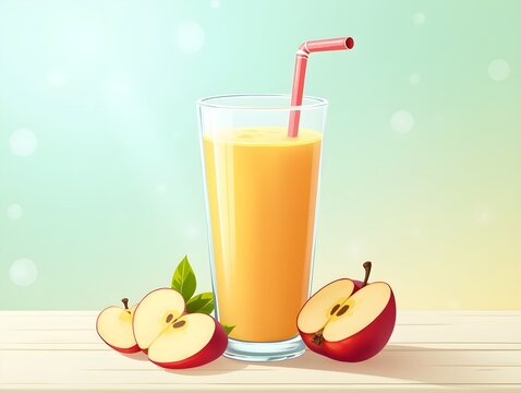 Healthy and tasty apple smoothie or juice in a glass transparent glass with a straw. Glass transparent with any background. Summer sea. Vector in eps 10 format, no raster effects