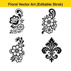 Floral Vector Art Set | Editable Stroke Decorative Flower Design Elements. floral, vector, art, decorative, flower, design, elements, ornament
