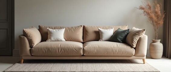 A beige leather sofa with white and green pillows on a carpet in a living room with green walls