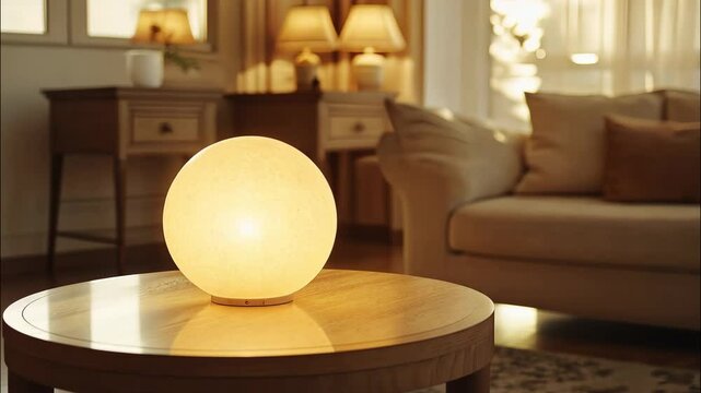 Cozy living room interior with glowing lamp and elegant furniture creating a soft and peaceful ambiance