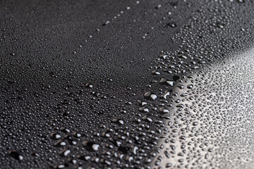 Black glass surface with white spots in water droplets, wet mirrored black glass in a large number of water droplets