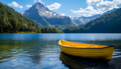 Vibrant Yellow Boat Resting on Clear Lake With Majestic Mountains in the Backdrop During Sunny Day
