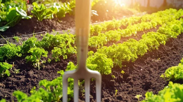 Close up of a garden fork and garden bed with dark soil and rows of leafy green plants under sunlight with bright glare