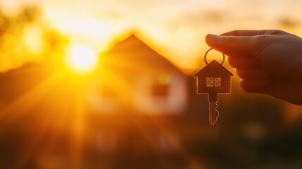 House-shaped key background sunset home.