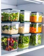 Organized refrigerator with fresh produce in clear containers