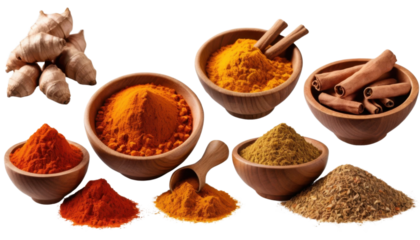 Spices and herbs in wooden bowls with aromatic ingredients and coffee beans