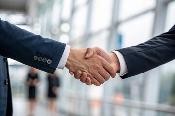 two business people shaking hands as if they made a business deal, the background is blurry	