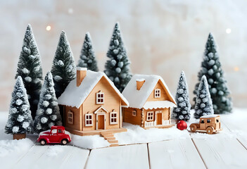 Naklejka premium Happy New Year and Merry Christmas postcard. Festive white background with toy wooden house, snow, rustic christmas tree, village and decoration. Copy space for winter holidays greeting card.