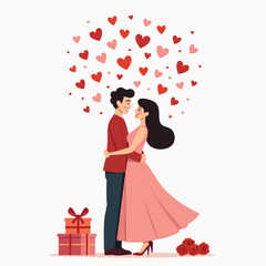 Romantic Couple Embracing with Heart Decorations – Flat Valentine Illustration