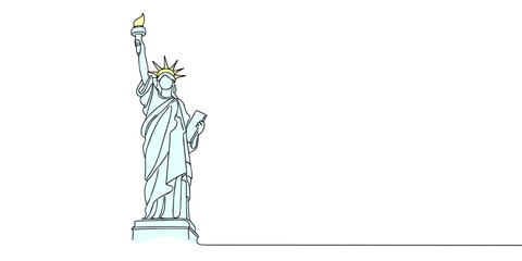 One continuous single line drawing of liberty statue isolated on white background.