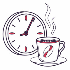 Clock showing time next to steaming coffee cup on saucer  