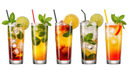 Three vibrant glasses of refreshing beverages stand in isolation: a classic champagne, a zesty lemonade, and a cool champagne cocktail with ice and lime