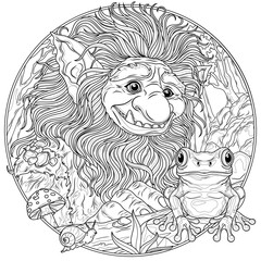 A cute goblin and a frog.Fantasy character.Coloring book antistress for children and adults.	