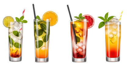 Three vibrant glasses of refreshing beverages stand in isolation: a classic champagne, a zesty lemonade, and a cool champagne cocktail with ice and lime